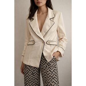 Women’s Cream Blazer with Black Piping & Back Belt Detail – Size XL